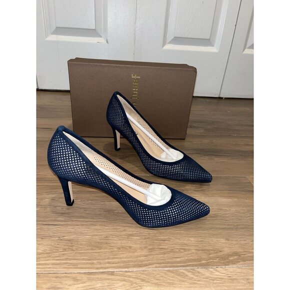 NWT Anthropologie Jon Josef People Navy Suede Perforated Leather Pumps Size 6.5 - Picture 3 of 8